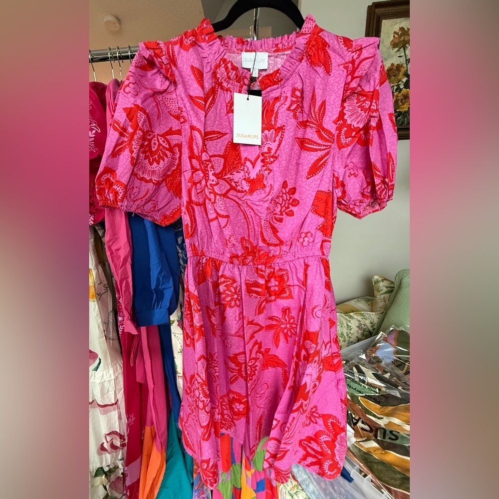 SugarLips Weirly Floral Poplin Mini Dress Red Pink Multi - Picture 6 of 7